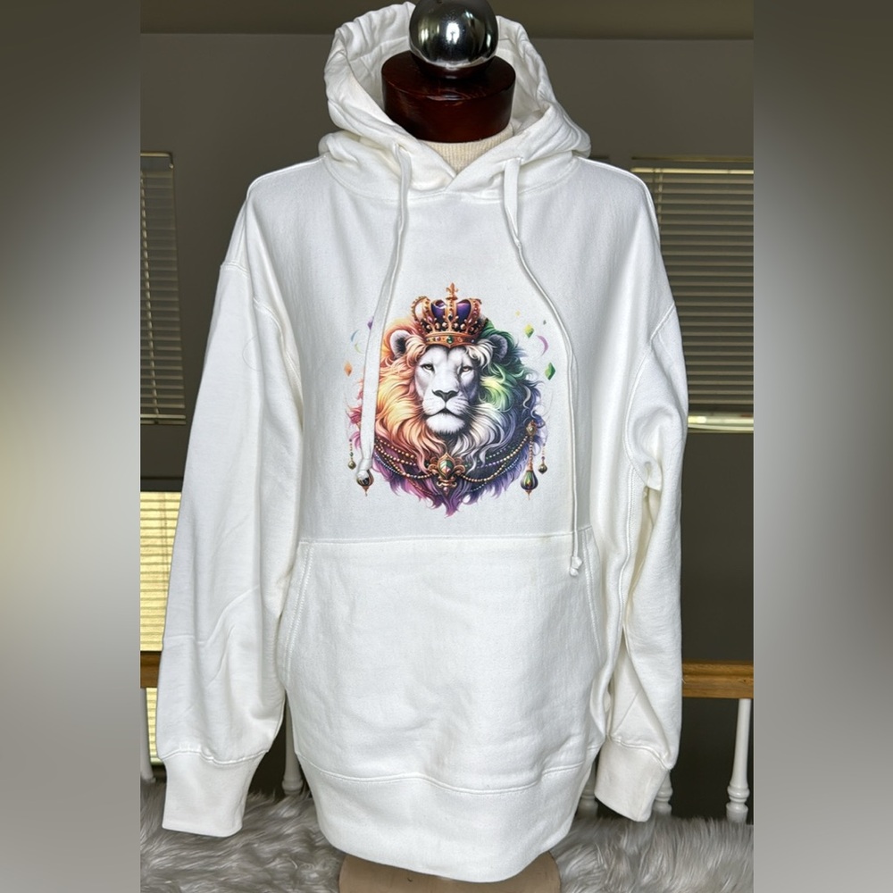 Crème White Hoodie Colorful Lion Design King - NEW